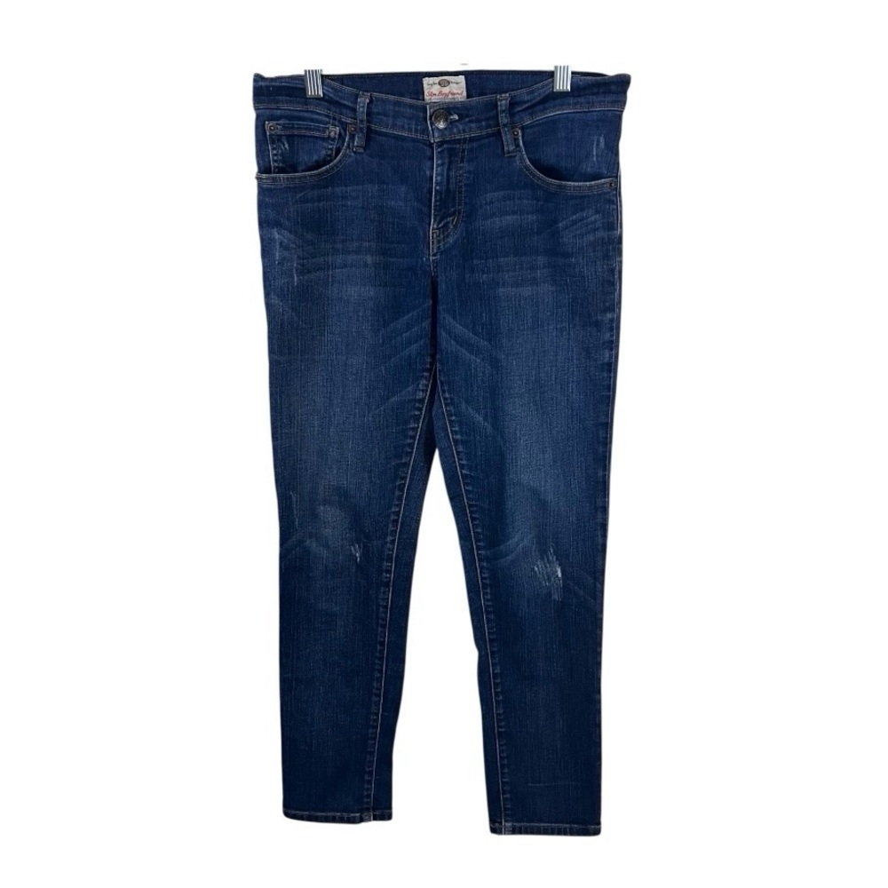 Women's 26 Fossil Slim Boyfriend Jeans Distressed Mid Rise Blue Jeans Whiskering